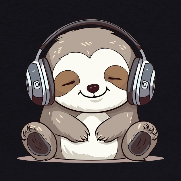 Sloth - Baby Sloth Kawaii Cute, Wearing Headphones, Enjoying The Music by ORENOB